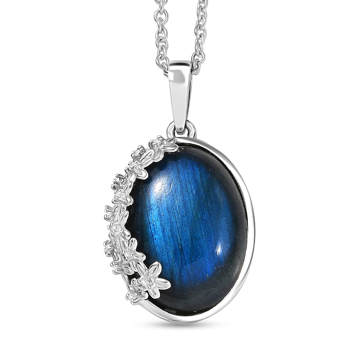 shop lc EverTrue Malagasy Labradorite White Zircon Moonbloom Pendant in Platinum Bond with Stainless Steel Necklace 9.15 ctw (20 Inches)