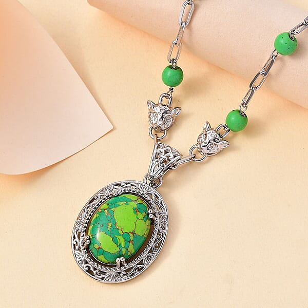 Shop Lc EverTrue Mojave Green Turquoise 19.50 Ctw Paper Clip And Leopard Head Necklace In Platinum Bond 18 -20 Inches