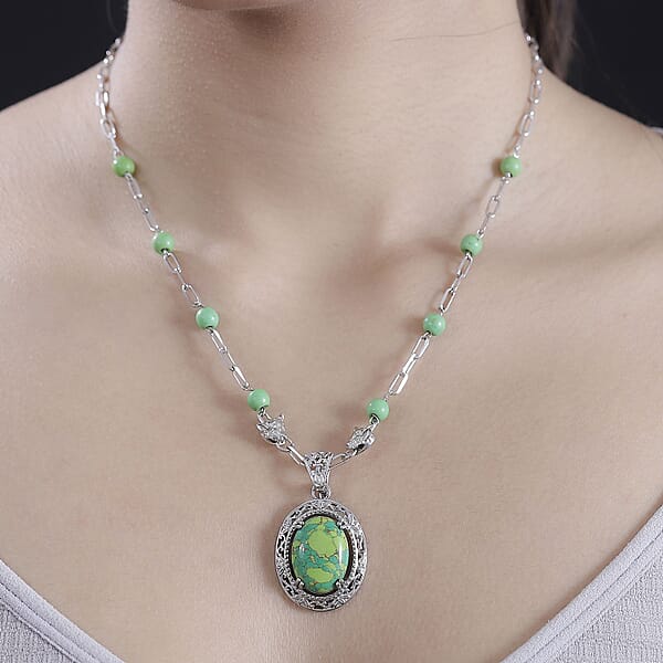 Shop Lc EverTrue Mojave Green Turquoise 19.50 Ctw Paper Clip And Leopard Head Necklace In Platinum Bond 18 -20 Inches