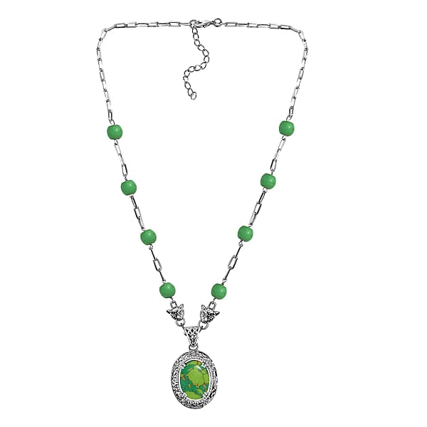 Shop Lc EverTrue Mojave Green Turquoise 19.50 Ctw Paper Clip And Leopard Head Necklace In Platinum Bond 18 -20 Inches