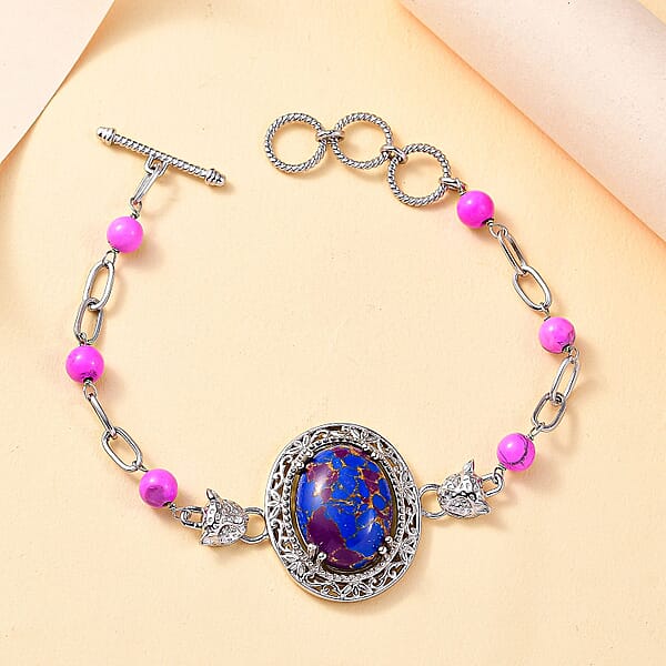Shop Lc EverTrue Mojave Purple Turquoise 23.10 Ctw Paper Clip And Leopard Head Bracelet In Platinum Bond (6.50-800In)