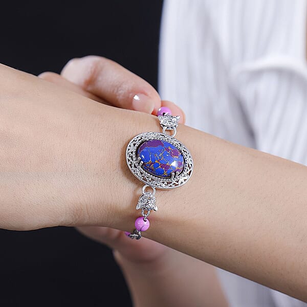 Shop Lc EverTrue Mojave Purple Turquoise 23.10 Ctw Paper Clip And Leopard Head Bracelet In Platinum Bond (6.50-800In)