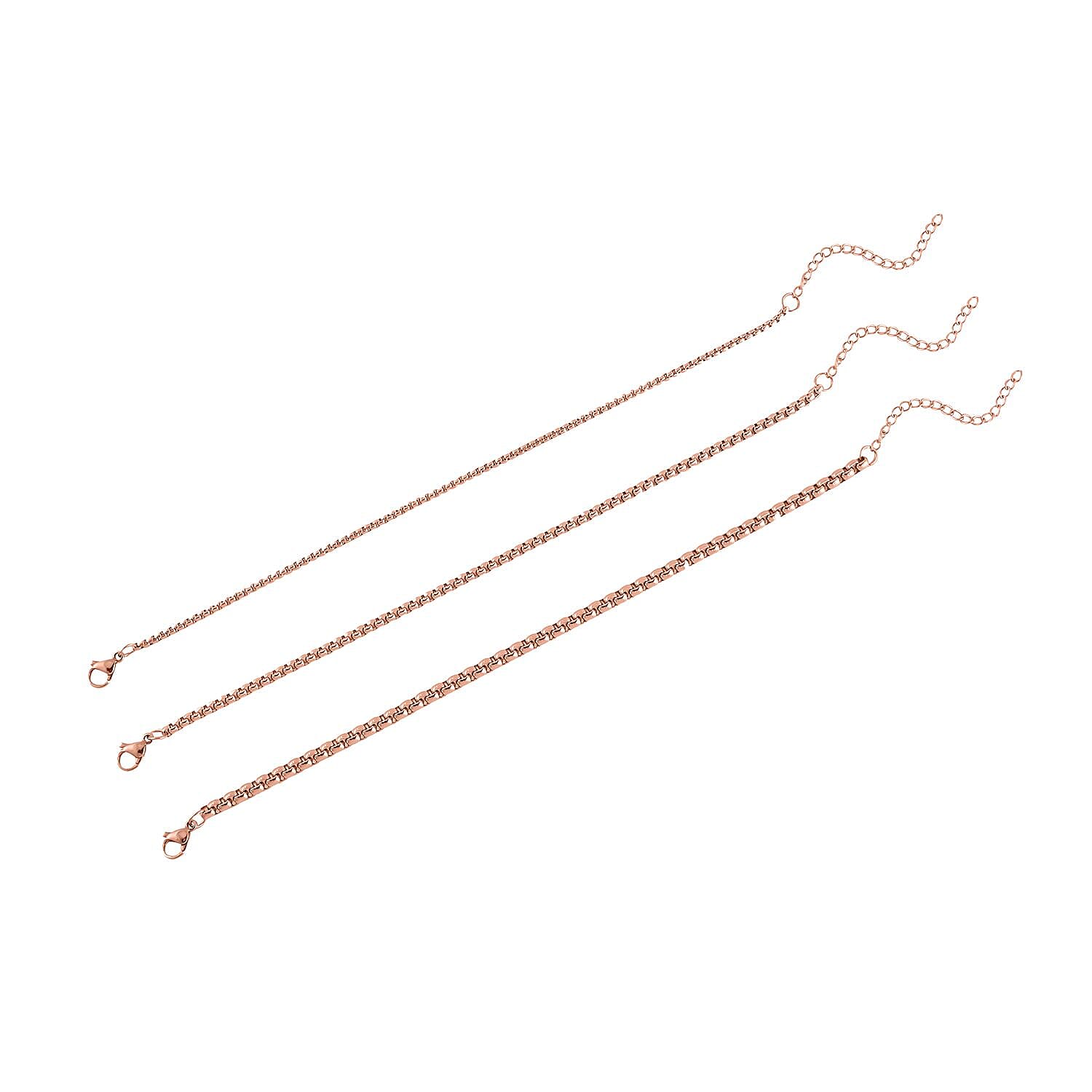 shop lc EverTrue Set of 3 Round Box Chain Bracelet in ION Plated RG Stainless Steel (7.50-9.50In)