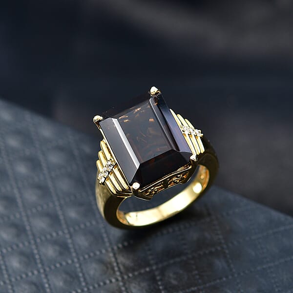 Shop Lc EverTrue Smoky Quartz And White Zircon 11.15 Ctw Ring In 18K Yellow Gold Plated