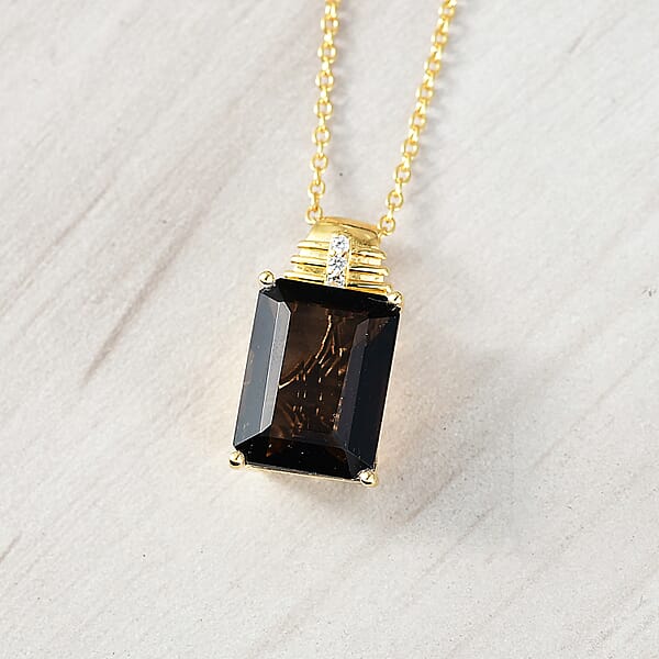 Shop Lc EverTrue Smoky Quartz And White Zircon 11.75 Ctw Pendant In 18K YG Plated With ION Plated YG Stainless Steel Necklace 20 Inches