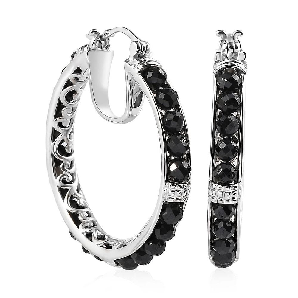 shop lc EverTrue Thai Black Spinel 15 ctw Hoop Earrings in Platinum Bond