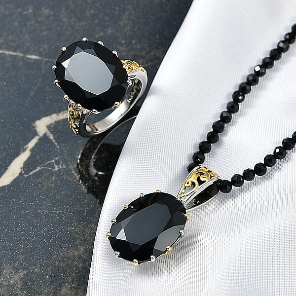 Shop Lc EverTrue Thai Black Spinel 78.90 Ctw Ring And Pendant With Beaded Necklace 20 Inches In 18K YG Plated And Platinum Bond