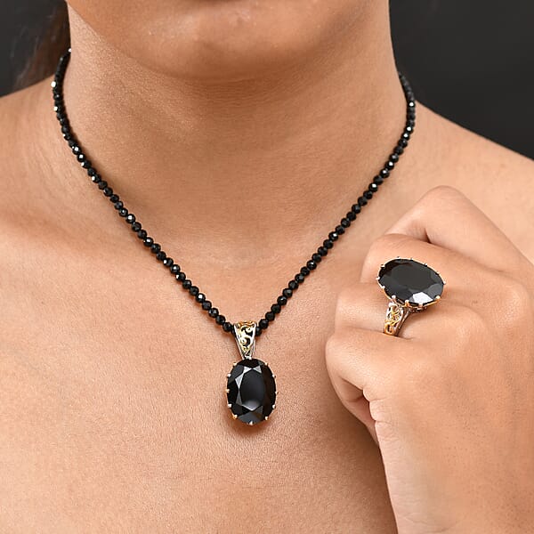Shop Lc EverTrue Thai Black Spinel 78.90 Ctw Ring And Pendant With Beaded Necklace 20 Inches In 18K YG Plated And Platinum Bond