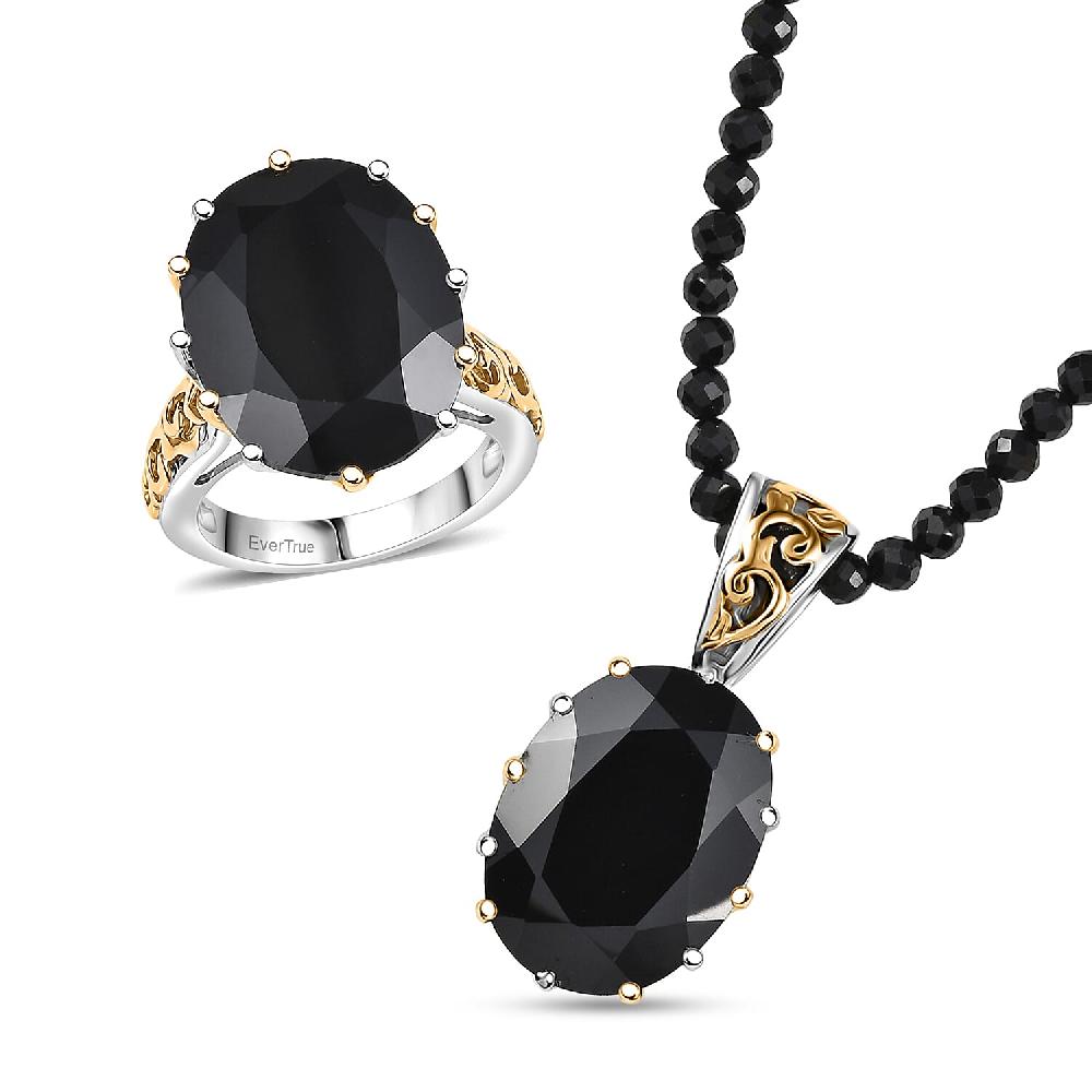 shop lc EverTrue Thai Black Spinel 78.90 ctw Ring and Pendant with Beaded Necklace 20 Inches in 18K YG Plated and Platinum Bond