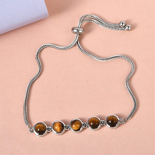 Shop Lc EverTrue Tiger's Eye 5.65 Ctw Bracelet In Platinum Bond Stainless Steel Adjustable Bolo Bracelet