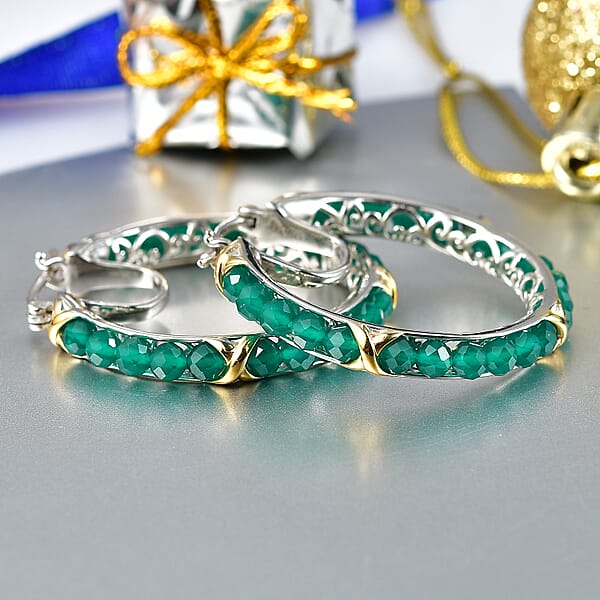 Shop Lc EverTrue Verde Onyx 16.80 Ctw XOXO Hoop Earrings In 18K YG Plated And Platinum Bond
