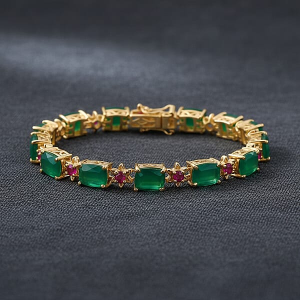 Shop Lc EverTrue Verde Onyx And Lab Created Ruby 19.20 Ctw Bloom Link Bracelet In 18K Yellow Gold Plated (7.25 In)