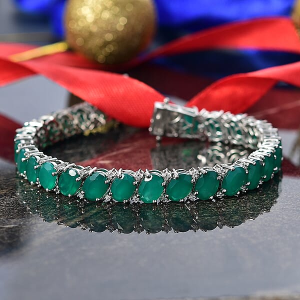 Shop Lc EverTrue Verde Onyx And White Zircon 37.60 Ctw Garland Of Leaves Bracelet In Platinum Bond (8.00 In)