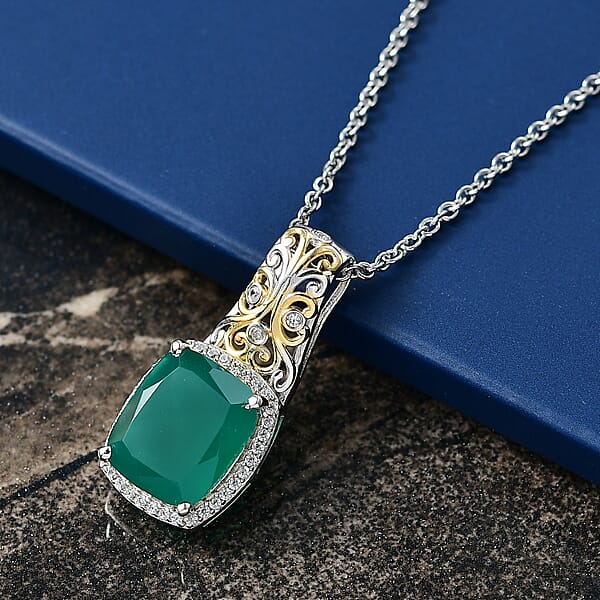 Shop Lc EverTrue Verde Onyx And White Zircon 5.40 Ctw Garden Vine Pendant In 18K YG Plated And Platinum Bond With Stainless Steel Necklace 20 Inches