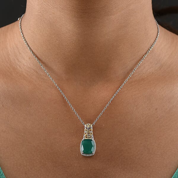 Shop Lc EverTrue Verde Onyx And White Zircon 5.40 Ctw Garden Vine Pendant In 18K YG Plated And Platinum Bond With Stainless Steel Necklace 20 Inches