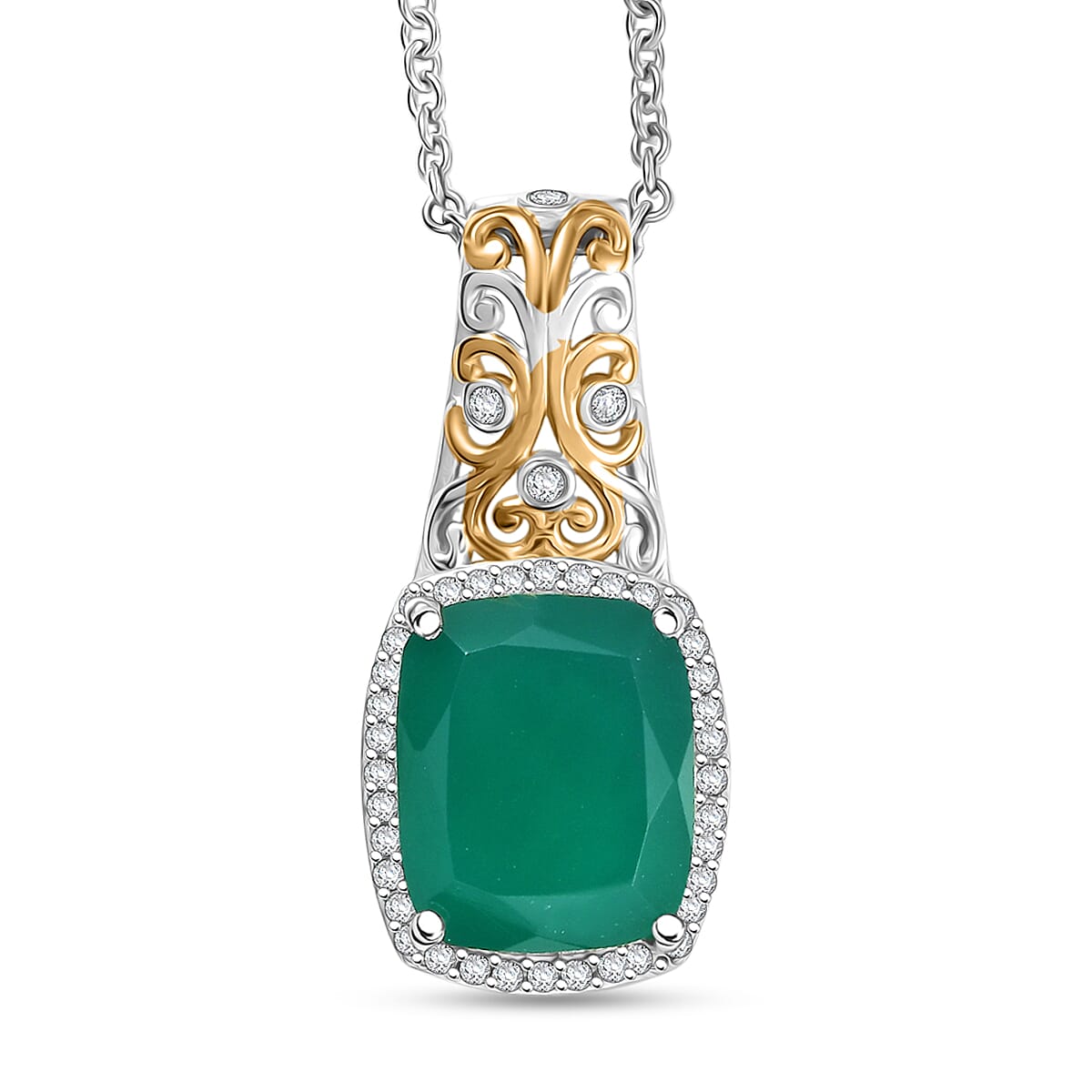 shop lc EverTrue Verde Onyx and White Zircon 5.40 ctw Garden Vine Pendant in 18K YG Plated and Platinum Bond with Stainless Steel Necklace 20 Inches