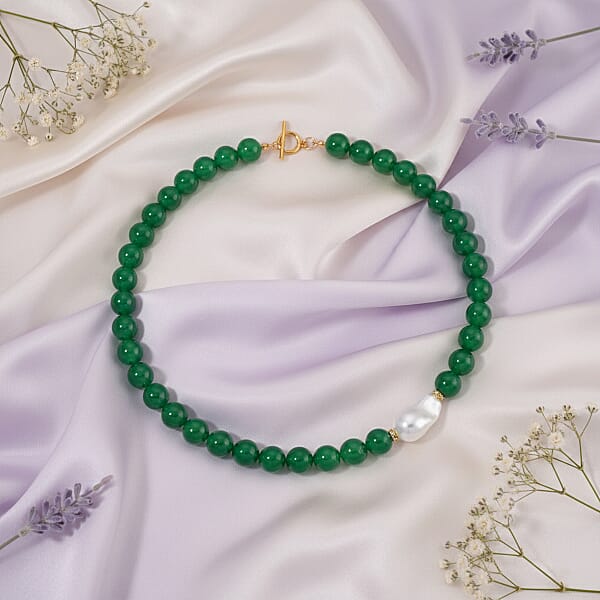 Shop Lc EverTrue Verde Onyx Baroque White Shell Pearl And Simulated Diamond 405.00 Ctw Necklace In ION Plated YG Stainless Steel 20 Inches
