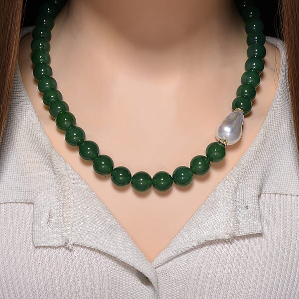 Shop Lc EverTrue Verde Onyx Baroque White Shell Pearl And Simulated Diamond 405.00 Ctw Necklace In ION Plated YG Stainless Steel 20 Inches