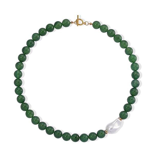 Shop Lc EverTrue Verde Onyx Baroque White Shell Pearl And Simulated Diamond 405.00 Ctw Necklace In ION Plated YG Stainless Steel 20 Inches
