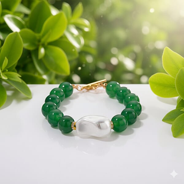 Shop Lc EverTrue Verde Onyx Baroque White Shell Pearl And Simulated Diamond 135.00 Ctw Bracelet In ION Plated YG Stainless Steel (8.00 In)