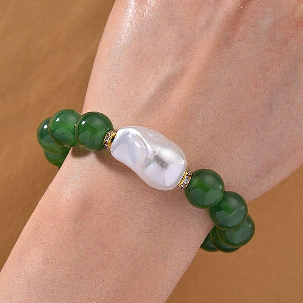 Shop Lc EverTrue Verde Onyx Baroque White Shell Pearl And Simulated Diamond 135.00 Ctw Bracelet In ION Plated YG Stainless Steel (8.00 In)