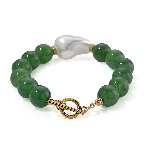 Shop Lc EverTrue Verde Onyx Baroque White Shell Pearl And Simulated Diamond 135.00 Ctw Bracelet In ION Plated YG Stainless Steel (8.00 In)