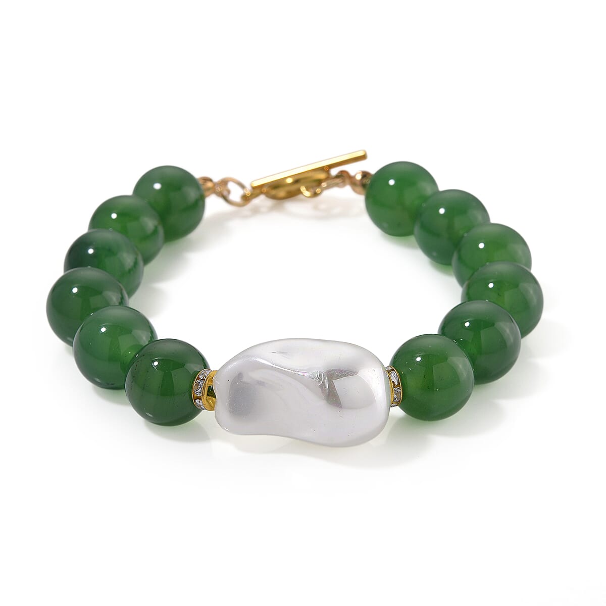 shop lc EverTrue Verde Onyx Baroque White Shell Pearl and Simulated Diamond 135.00 ctw Bracelet in ION Plated YG Stainless Steel (8.00 In)