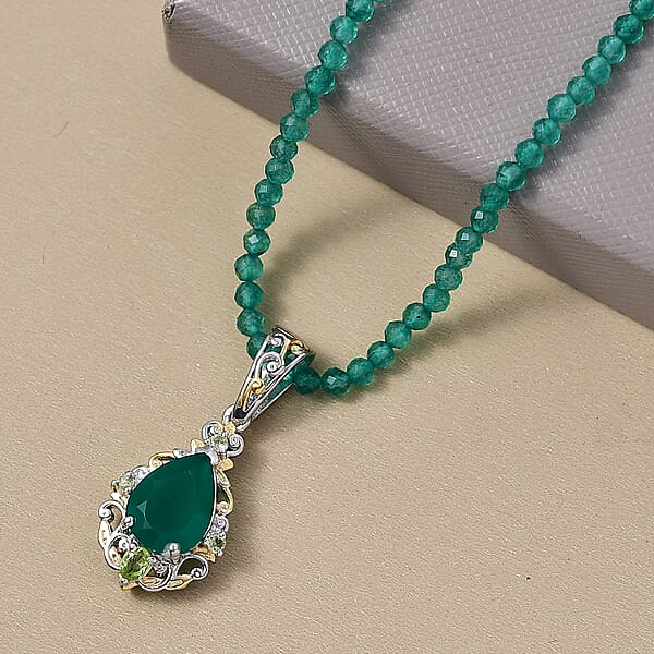 Shop Lc EverTrue Verde Onyx Hebei Peridot Pendant With Beaded Necklace In 18K YG Plated And Platinum Bond 30.20 Ctw (20 Inches)