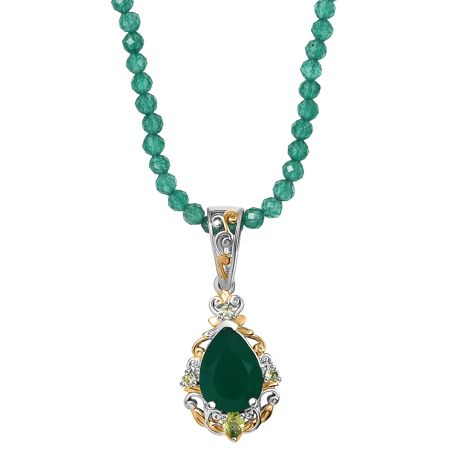 shop lc EverTrue Verde Onyx Hebei Peridot Pendant with Beaded Necklace in 18K YG Plated and Platinum Bond 30.20 ctw (20 Inches)