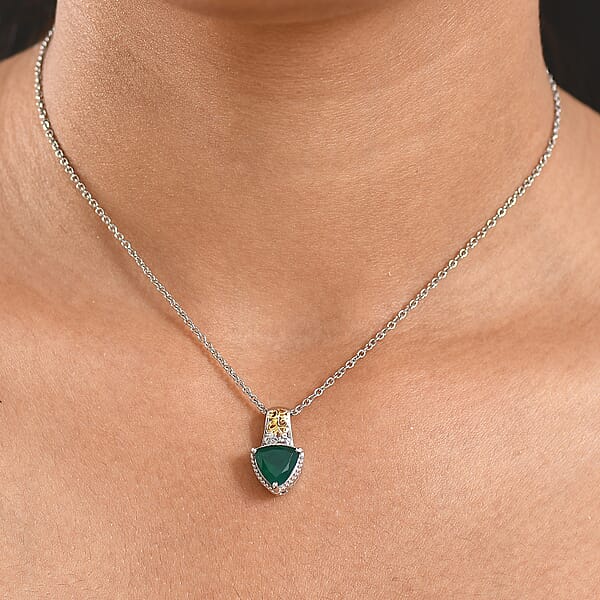 Shop Lc EverTrue Verde Onyx White Zircon Garden Crest Pendant In 18K YG Plated And Platinum Bond With Stainless Steel Necklace 2.20 Ctw (20 Inches)