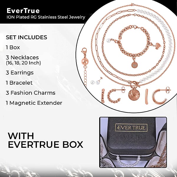 Shop Lc EverTrue White Shell Pearl Jewelry 3 Pearl Earrings 3 Pearl Necklaces (16 18 20 Inch Necklace) 1 Pearl Bracelet 3 Charms And 1 Magnetic Extender ION Plated RG Stainless Steel Jewelry Set