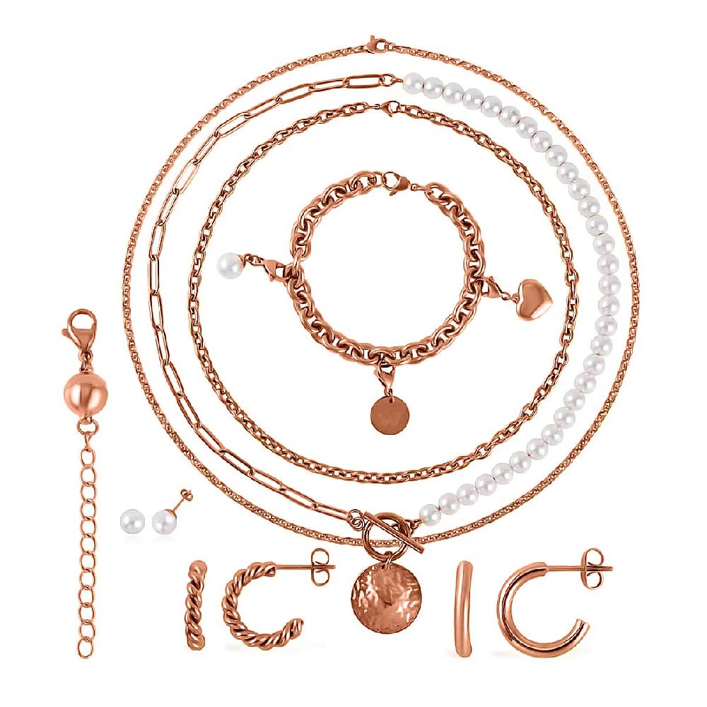 shop lc EverTrue White Shell Pearl Jewelry 3 Pearl Earrings 3 Pearl Necklaces (16 18 20 Inch Necklace) 1 Pearl Bracelet 3 Charms and 1 Magnetic Extender ION Plated RG Stainless Steel Jewelry Set