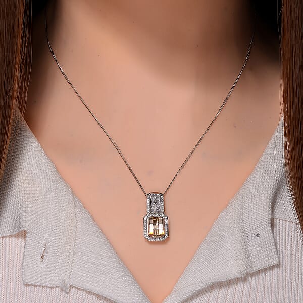 Shop Lc Fancy Cut Champagne And White Moissanite 4.30 Ctw Art Deco Pendant Necklace In Rhodium Over Sterling Silver 18 Inches