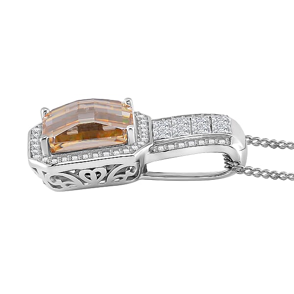 Shop Lc Fancy Cut Champagne And White Moissanite 4.30 Ctw Art Deco Pendant Necklace In Rhodium Over Sterling Silver 18 Inches