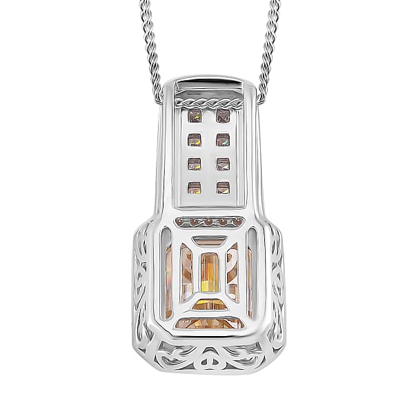 Shop Lc Fancy Cut Champagne And White Moissanite 4.30 Ctw Art Deco Pendant Necklace In Rhodium Over Sterling Silver 18 Inches