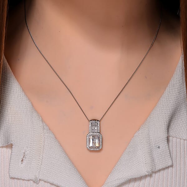 Shop Lc Fancy Cut White Moissanite 4.25 Ctw Art Deco Pendant Necklace In Rhodium Over Sterling Silver 18 Inches