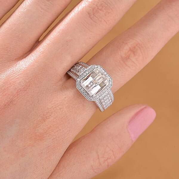 Shop Lc Fancy Cut White Moissanite 5.00 Ctw Art Deco Ring In Rhodium Over Sterling Silver