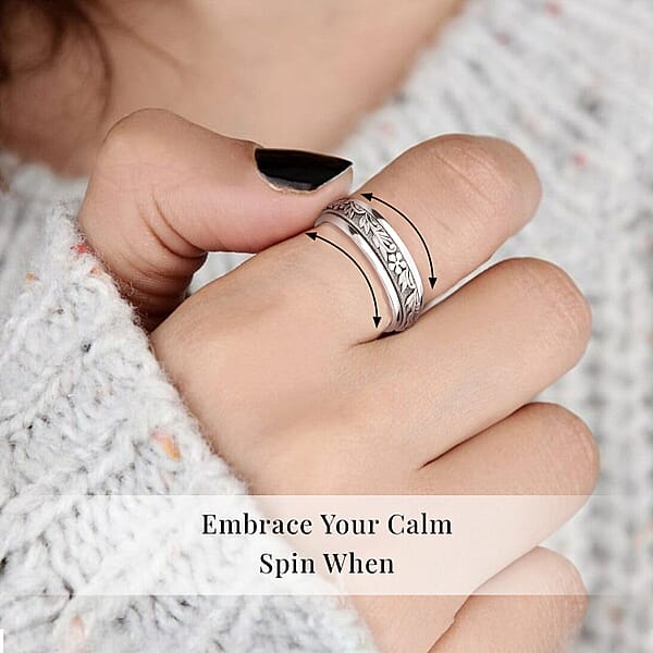 Shop Lc Floral Fidget Spinner Ring For Anxiety In Sterling Silver 4.50 Grams