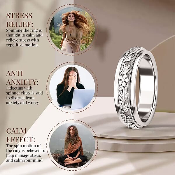 Shop Lc Floral Fidget Spinner Ring For Anxiety In Sterling Silver 4.50 Grams