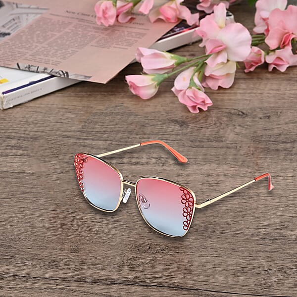 Shop Lc Flower Design UV400 Polarized Sunglass With Storage Bag- Pink And Blue