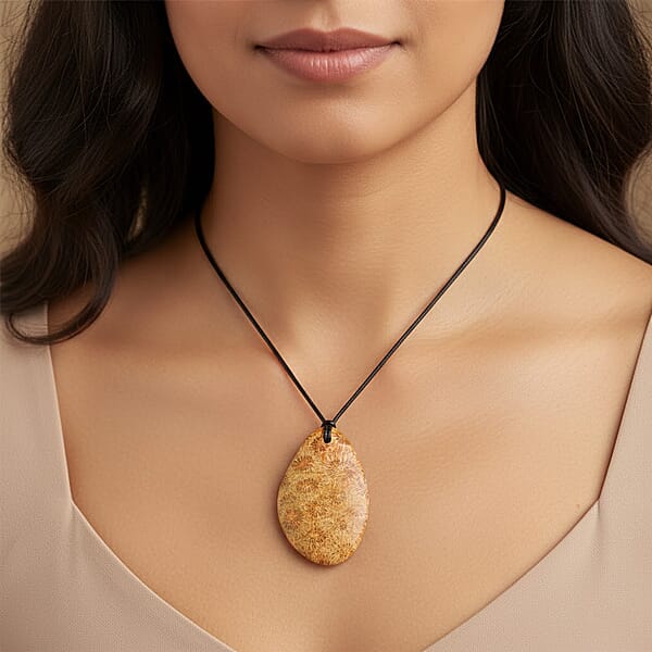 Shop Lc Freeform Hand Polished Coral Fossil Jasper 64.00 Ctw With Adjustable Black Cord Necklace