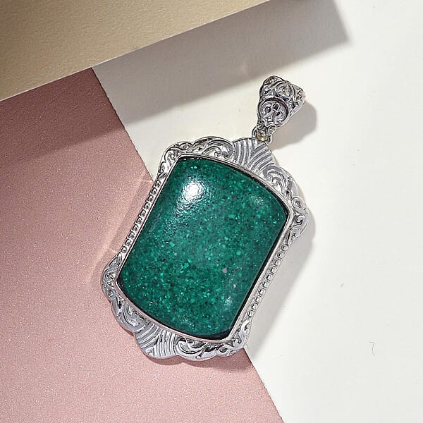 Shop Lc Freshened Malachite 21.20 Ctw Solitaire Pendant Without Chain In Platinum Over Copper With Magnet