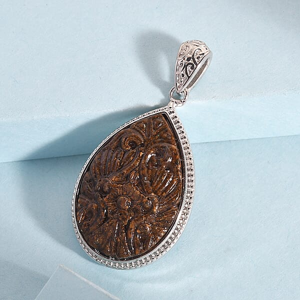 Shop Lc Freshened Tigers Eye Carved Fancy Pendant Without Chain In Platinum Over Copper With Magnet 12.20 Ctw