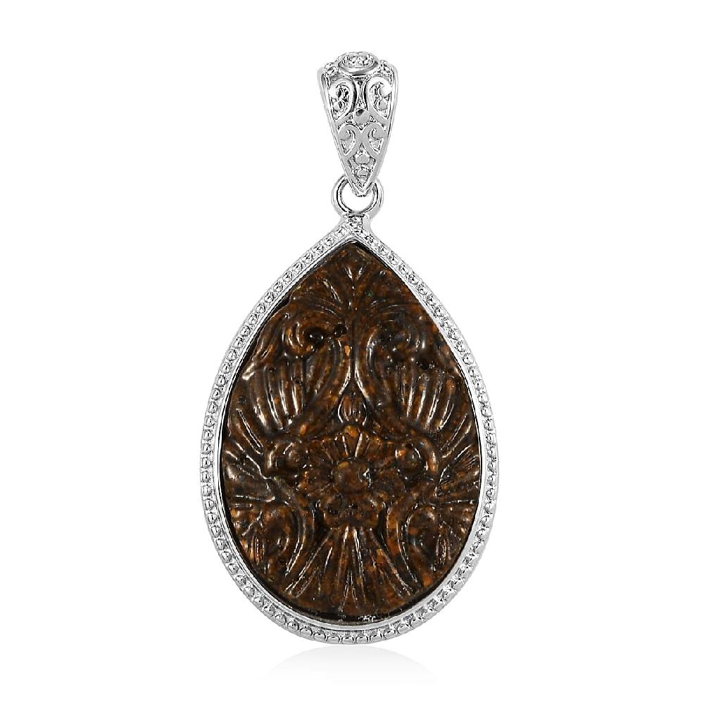 shop lc Freshened Tigers Eye Carved Fancy Pendant without Chain in Platinum Over Copper with Magnet 12.20 ctw