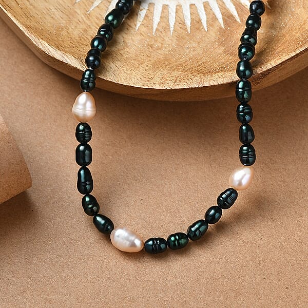 Shop Lc Freshwater Pearl And Green Dyed Pearl Necklace In Stainless Steel 18 Inches