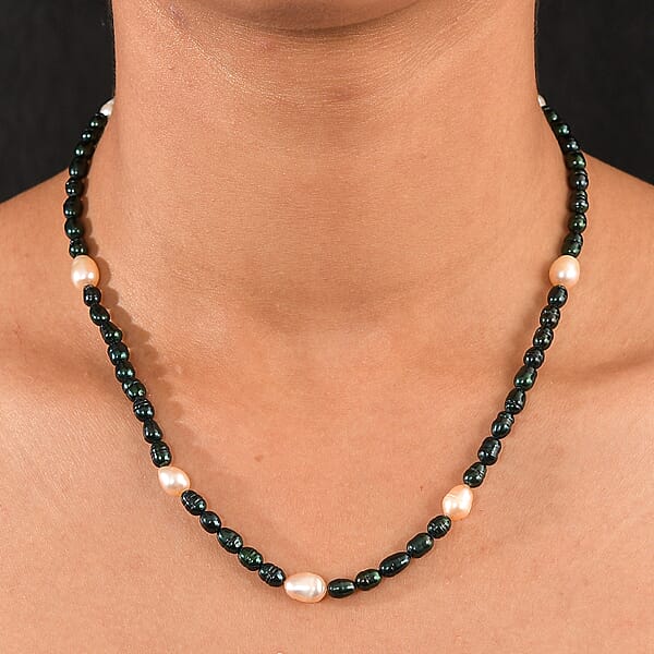 Shop Lc Freshwater Pearl And Green Dyed Pearl Necklace In Stainless Steel 18 Inches