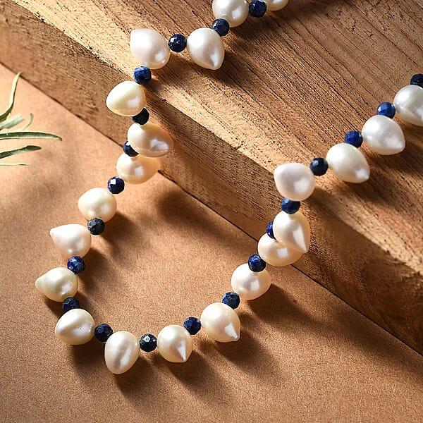 Shop Lc Freshwater Pearl And Lapis Lazuli 13.00 Ctw Necklace In Rhodium Over Sterling Silver 18 Inches