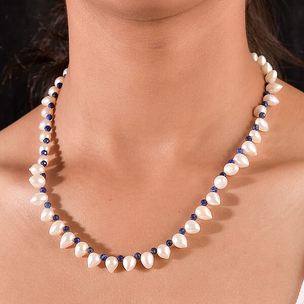 Shop Lc Freshwater Pearl And Lapis Lazuli 13.00 Ctw Necklace In Rhodium Over Sterling Silver 18 Inches