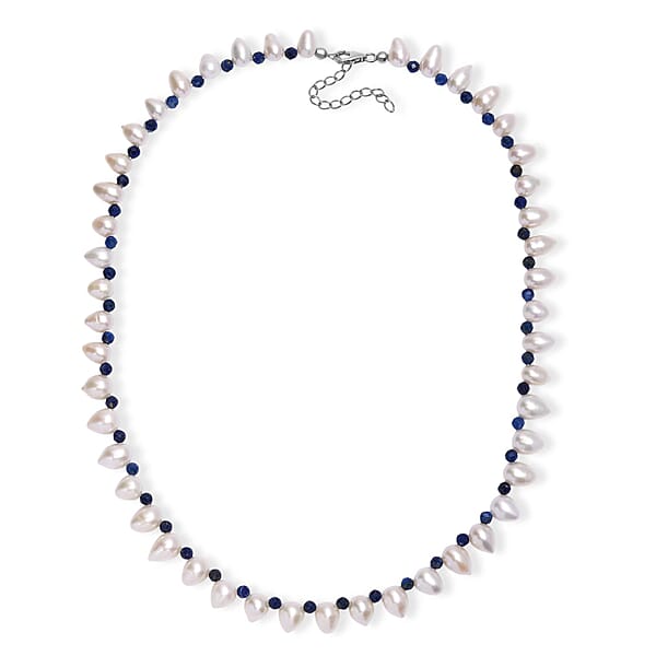 Shop Lc Freshwater Pearl And Lapis Lazuli 13.00 Ctw Necklace In Rhodium Over Sterling Silver 18 Inches