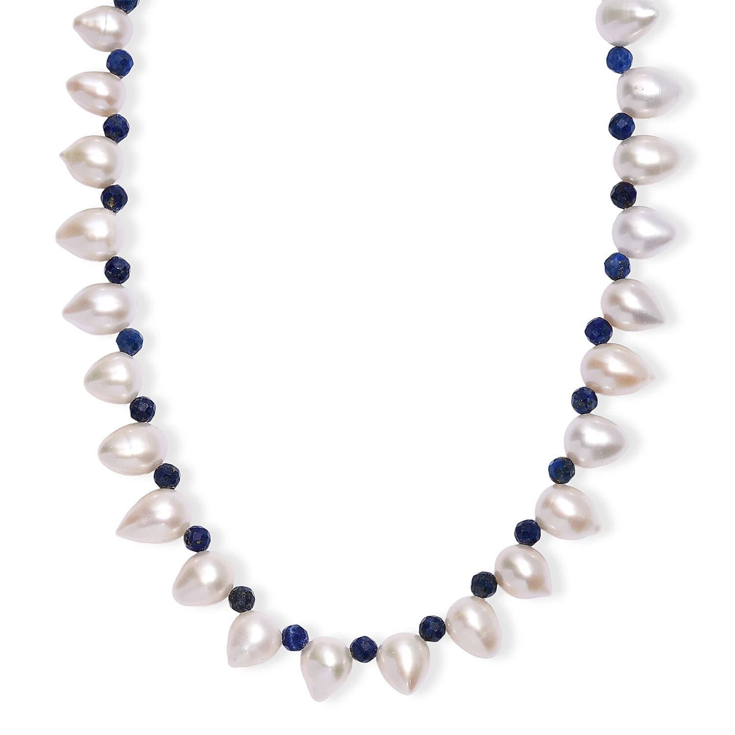 shop lc Freshwater Pearl and Lapis Lazuli 13.00 ctw Necklace in Rhodium Over Sterling Silver 18 Inches